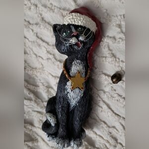 Kurt Adler Black and White Cat Figurine  Gold Star Collar Bell Attaches To Hat